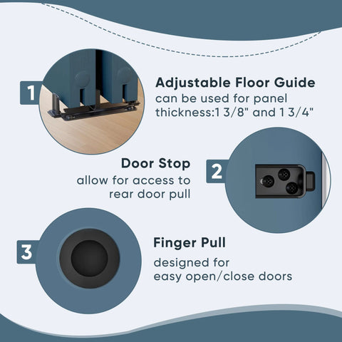 Adjustable floor guide, door stop, and finger pull for Built To Last Bypass Closet Door Hardware with Soft Close Mechanism.