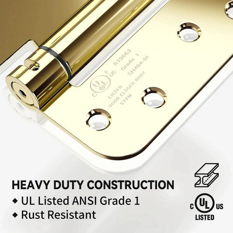 Close-up of 2 Pack Self Closing 4 Inch Door Hinges With Spring Loaded Action For Garage Front Back Doors Left Or Right Hand Install Adjustable Tension Five Eighth Inch Radius Corners UL Listed Heavy Duty Build In Gloden Finish showing UL listing and construction details.