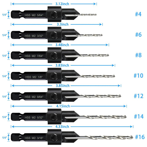 Set of 7 countersink drill bits with varying sizes, designed for woodworking with adjustable depth and 1/4 inch hex shank.
