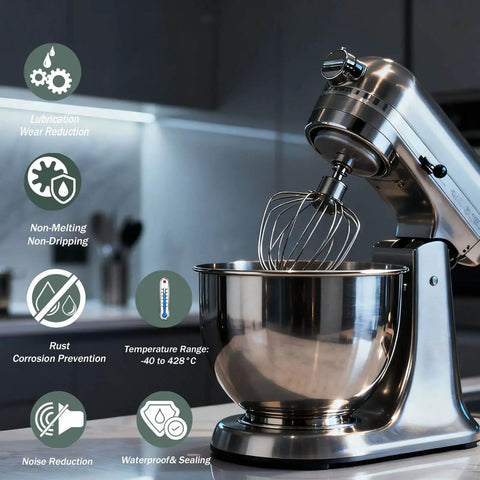 Food Grade Grease For Kitchen Appliances 5 Oz Bottle NSF H1 Accredited Sanitary Lubricant For Stand Mixers Blenders Coffee Makers Ice Cream Makers And Other Kitchen Equipment Safe For Incidental Food Contact in stand mixer on countertop.