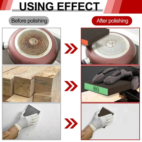 8 Pack Washable Sanding Blocks With Assorted Grit 60 80 120 220 For Drywall demonstrating polishing effects before and after use