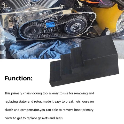 Two-pack black primary drive locking tools shown in front of exposed motorcycle engine timing gears.