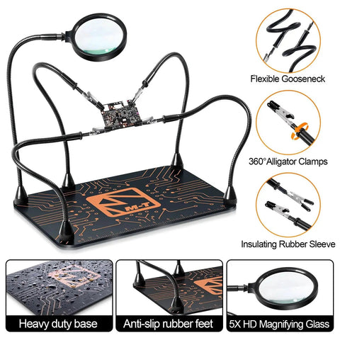 Helping Hands Soldering Station With Magnetic Third Hand Tool And 5X Magnifying Glass, four-arm PCB holder on steel base