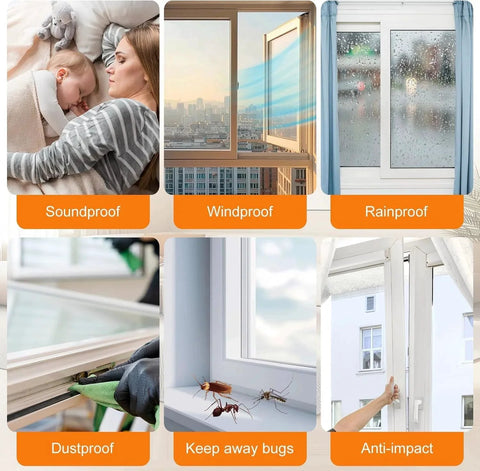 Weather Stripping For Doors And Windows Self Adhesive Door Seal 39.4 Ft Long 0.35 Inch Thick Brush Insulation For Sliding Exterior Frames And Front Doors Soundproofing Draft Stopper Grey shown in different uses like soundproofing, dustproofing, and rainproofing.