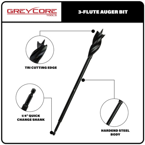 Three Piece Twelve Inch Wood Auger Bit Set With One Quarter Inch Quick Change Hex Shank, Three Flute Design, focus on features.
