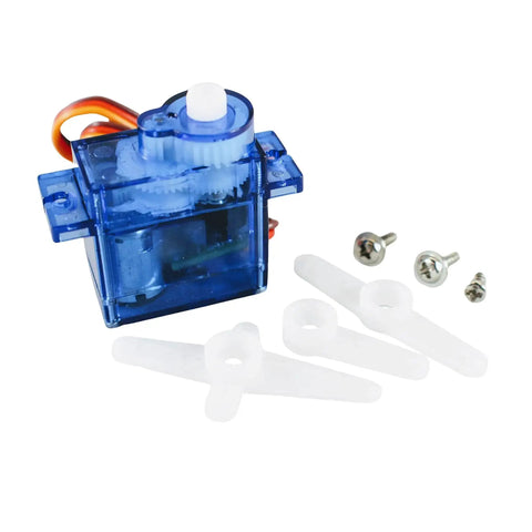 Blue 9g servo with three white horns and screws from Servo Motor Tester Kit With 9G 180 Degree Servo RC Servo Tester Controller 4 AA Battery Holder And 3 Servo Horns For Easy Centering And Testing Of Your Hobby RC Projects.
