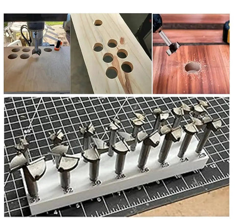 Assorted drill bits shown with drilled holes in wood, including 40mm Forstner Auger Drill Bit for Precision Woodworking and Plywood Holes, Flat Wing Cutting, Clean Edges, Carbide Tip, Round Shank, Easy Hole Punching for Hinges, Cabinets, CNC Projects, and Hinge Installations, CNC Ready By Meichoon.
