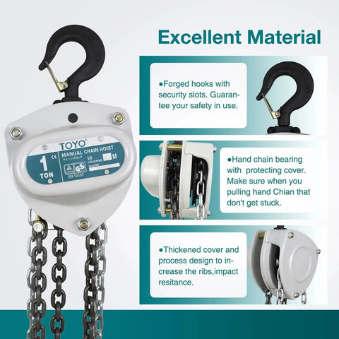 1 Ton Manual Chain Hoist 10 Ft Lift Come Along With Industrial Grade Hooks, showing metal casing and chain detail.