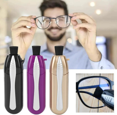 Portable Eyeglasses Cleaner Kit With Microfiber Cloths for Travel and Daily Use in black, purple, and gold next to a lens cleaning scene.