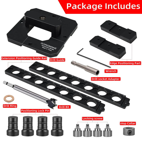 Go-To Precision 20mm Bench Dog Hole Drill Guide And Template with guide rail, drill bits, edge positioning parts, and accessories.