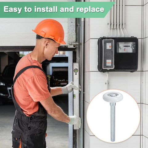 Technician installing 10 Pack Nylon Garage Door Rollers With Quiet 1.8 Inch Wheels And 4.3 Inch 109 Mm Stems, shown in inset.