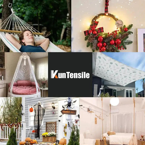 Collage of various outdoor and indoor setup ideas, including hammock, hanging chair, holiday wreath, and sunshade canopy.
