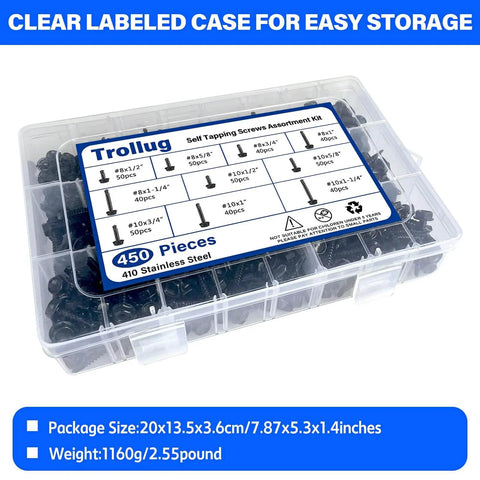 450-piece self-tapping screw kit in a clear plastic case; 410 stainless, black hex-head sheet metal screws, 1/2"–1-1/4"