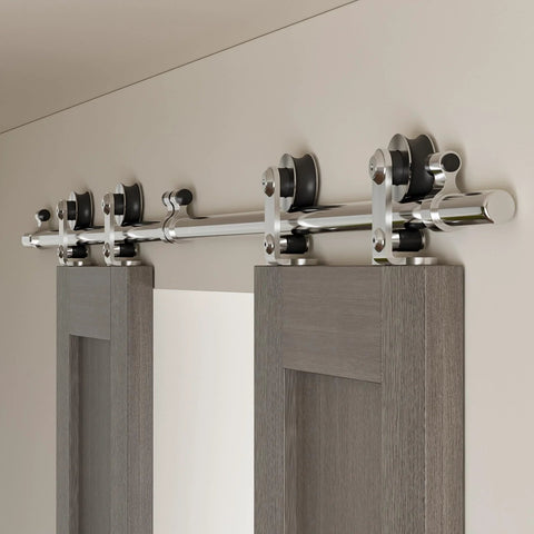 8 Foot Stainless Steel Sliding Barn Door Hardware Kit For Double Doors Built To Last Heavy Duty Smooth Quiet Track System with Gcr15 Rollers