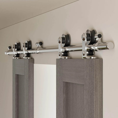 Heavy Duty Stainless Steel Double Sliding Track Barn Door Hardware Kit, 6.6 Foot Rail System with Quiet Smooth Rollers installed