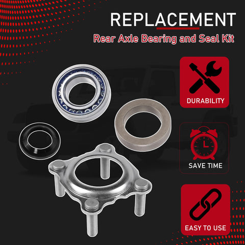 Image of Rear Axle Bearing And Seal Kit For 2007 To 2017 Jeep Wrangler JK JKU Beefy Heavy Duty Replacement With Premium Seal Kit components.