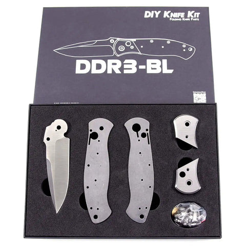 DDR3BL DIY Folding Knife Kit With Button Lock 440C Stainless Steel Blade 600 Grit Satin Finish Pre Machined Padauk Handle Scales Gift Boxed Parts Kit USA Design For Building Your Own EDC Knife components in box