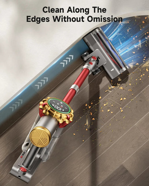 AIPOWAY cordless stick vacuum with red wand, digital display, and gold accent on hardwood floor.