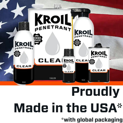 Five Kroil Penetrant Clear rust penetrant containers in assorted sizes, featuring Food Grade badge