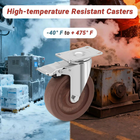 5 Inch Heavy Duty Casters Set Of 4 With Brakes 2400 Lbs Capacity High Temperature Glass Filled Nylon Wheels For Workbenches And Industrial Carts Heat Resistant From Minus 40 F To 475 F Durable Castors For Rough Environments in a frozen and industrial setting