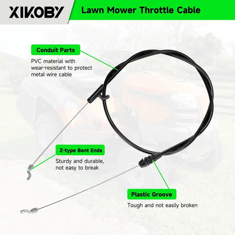 XIKOBY lawn mower throttle cable; close-up view, PVC-coated wire, Z-type bent ends, plastic groove