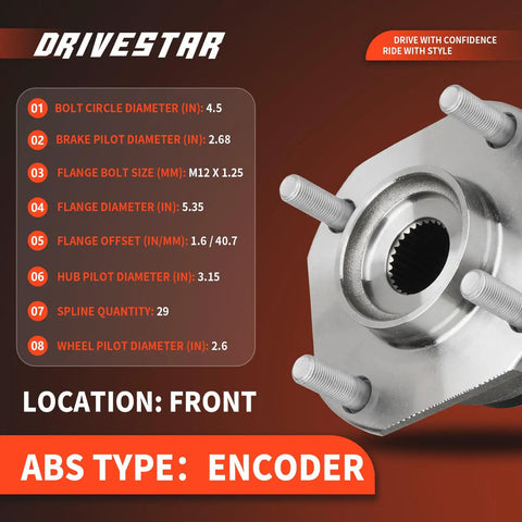 Front Wheel Hub And Bearing Assembly 513297 For Nissan Sentra 2007 2012 With ABS 4 Lug Replacement Encoder Type specs.