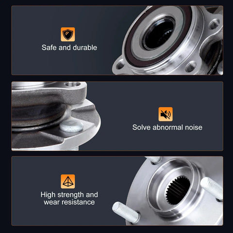 Front Wheel Hub And Bearing Assembly For Scion tC 2011-2016, Toyota Mirai 2016-2019, And Toyota RAV4 2006-2018, 5-Lug With ABS, OE-Style Replacement Hub Bearing Kit, Beefed-Up Durability, Ready-To-Install, close-up view showing safe and durable features, noise reduction, high strength and wear resistance.