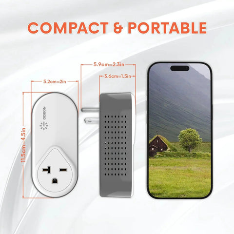 Beefy Built Refrigerator Surge Protector With 1200J Surge next to smartphone, showing compact size and wall-plug design