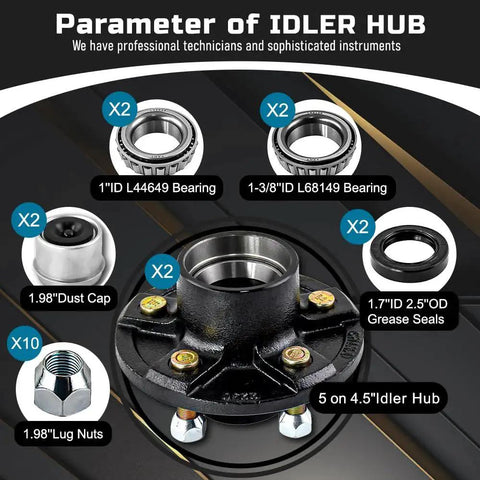 Two Pack 5 On 4.5 Inch Trailer Hub Kit For 3500 Lb Axles Fits One And One Sixteenth Bearings Includes Inner And Outer Bearings Grease Seals And EZ Lube 5 Lug Hubs For Boat And Utility Trailers components illustration