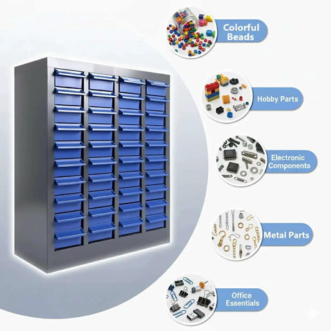 40 Drawer Parts Cabinet With Label Stickers Nut And Bolt Organizer ABS Drawers For Screws Bolts Nuts In Workshop Garage And Office Built Tough For Long Lasting Rust Resistant Mess Free Organization, blue drawers with labeled sections for organizing various hardware and components.