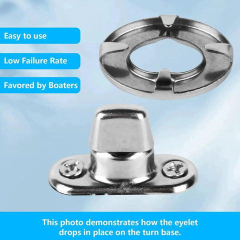 Marine Grade Nickel Plated Twist Lock And Turn Button Eyelets And Studs Kit components displayed with screws and base.