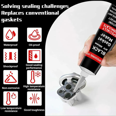 Beefed-Up High Temperature RTV Silicone Gasket Maker Sealant Black being applied to engine part, shockproof and leakproof