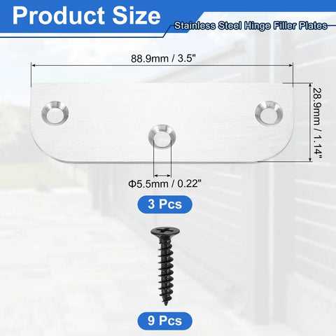 Front view of uxcell 3-pack stainless steel hinge filler plates, 3.5 inch, 5.5mm holes, with screws, silver.