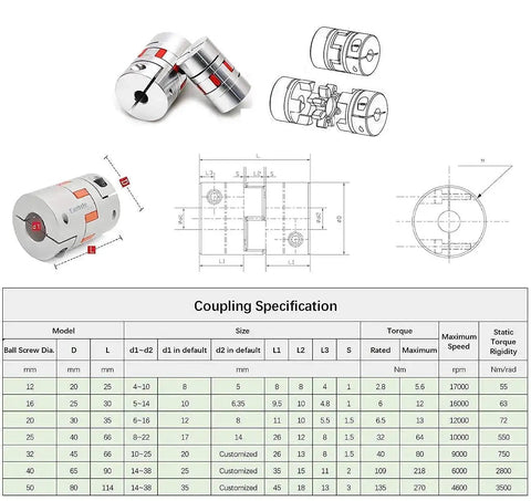 Coupling specifications and diagram for 16mm CNC Ball Screw Kit SFU1605 RM1605 Anti Backlash