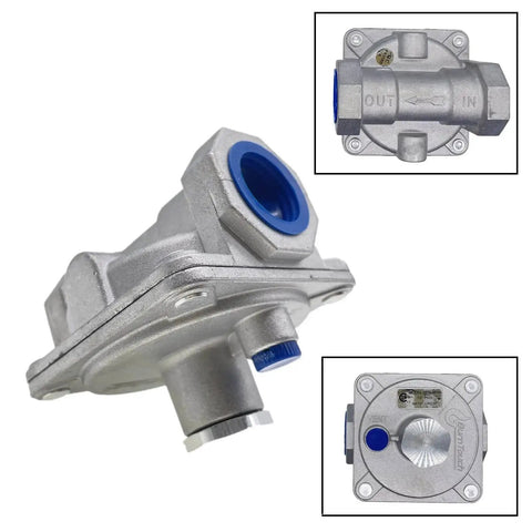 Natural Gas Pressure Regulator For Grill And Stove Lines With Three Quarter Inch FNPT Inlet, close-up view in silver metal.