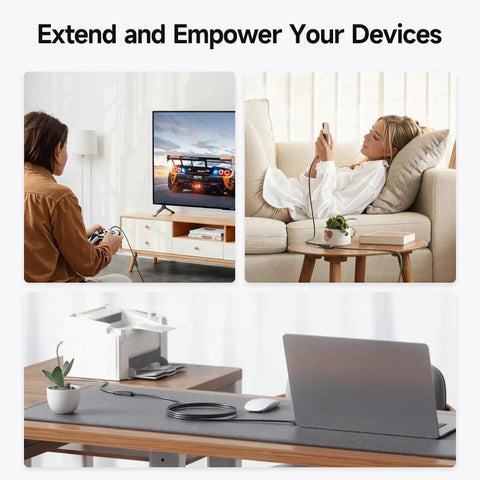 People using USB 3.0 Extension Cable 3-Foot Male To Female, 5Gbps SuperSpeed Extender with devices like gaming console, laptop, and smartphone.