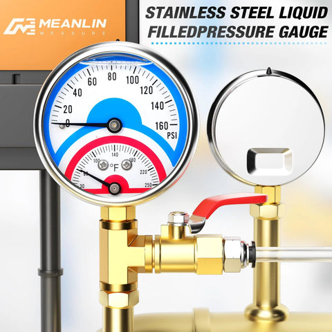 Meanlin stainless steel liquid-filled pressure gauge, 2.5 inch dial, 0-160 psi, brass valve with NPT bushings