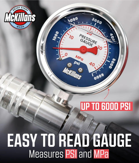 McKillans high-pressure washer gauge with stainless steel body, 3/8-in push-to-connect, measures PSI and MPa up to 6000.