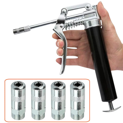 Four chrome-plated Milwaukee grease gun coupler tips, replacement zerks for M18/M12 cordless guns.