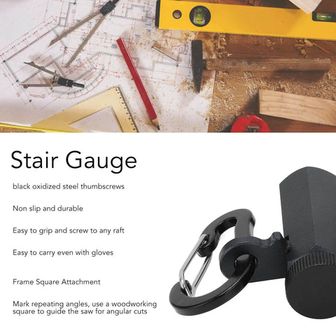 Close-up of Stair Gauges For Framing Square With Holder And Hook on a woodworking table with tools visible.