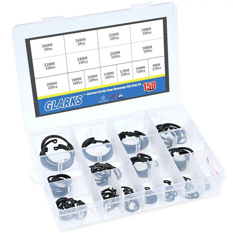 Internal Circlips Snap Ring Assortment Kit, 150 Pieces in 15 Sizes, organized in a transparent plastic box, visible label