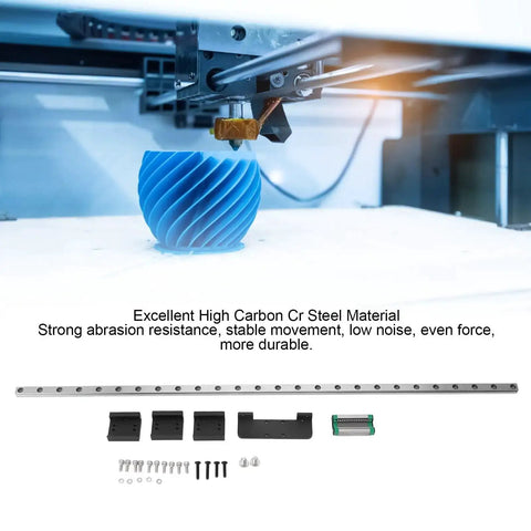 High Performance 3D Printer Linear Rail Kit for X Axis With Smooth Low Friction Motion Upgrade shown with parts and 3D print.
