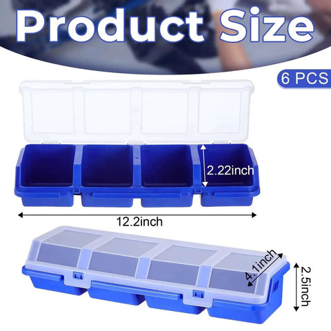 Six Pack Screw Organizer Box With Lids For Nuts And Bolts Four Compartments Plastic Hardware Storage Case For Garage Nails And Craft Tools Durable Heavy Duty Blue, showing product size and dimensions
