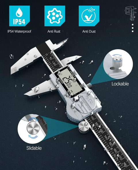 Digital Caliper 12 Inch With ABS Absolute Scale IP54 Waterproof Stainless Steel Vernier Caliper With Inch MM And Fraction Readouts Auto Off LCD Display Precision Measuring Tool Feeler Gauges Included shown with lockable and slidable controls and IP54 waterproof feature.