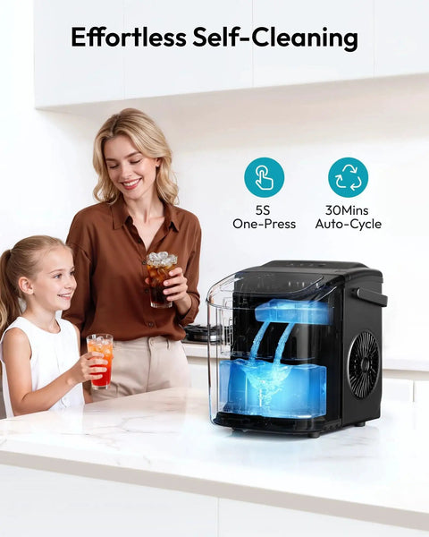 Portable Countertop Ice Maker With Handle 26 Lbs Daily Output 6 Minute Ice Cubes on kitchen counter with self-cleaning feature