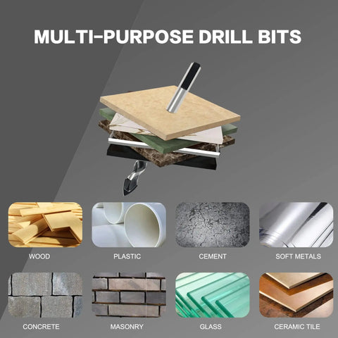 Industrial Grade Masonry Drill Bit Set For Brick Tile Cement Concrete, 10 Piece, shown with multi-material examples, tungsten carbide tips