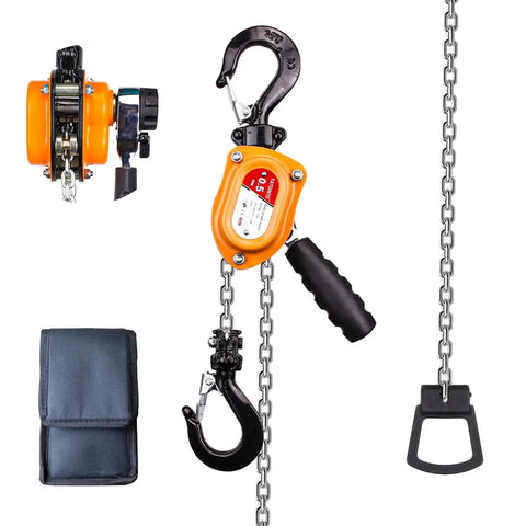 0.5 Ton Mini Lever Block Chain Hoist With G80 Chain And Hook 6M Lift, compact design with orange frame and black handle