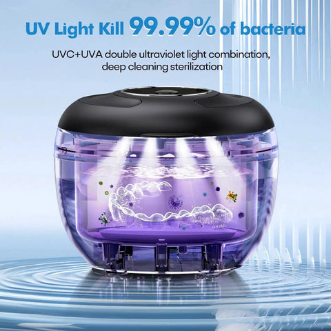 Ultrasonic Retainer Cleaner 45kHz 200ml For Dentures Braces Night Guards Jewelry showing UV light sterilization