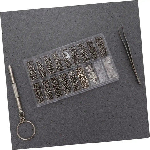Miniature Screws Kit With 1000 Stainless Steel Screws For Glasses Watch Phone Eyeglass Repair Tool Set Includes Multiple Sizes And Lengths In Clear Box Handy Everyday Home Fixes And Quick Replacement Parts in clear storage box with tweezers and screwdriver.