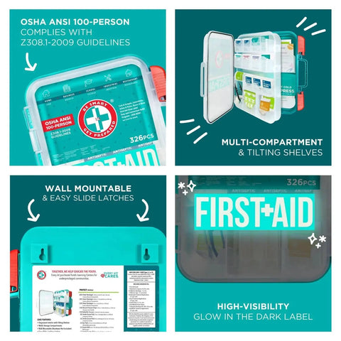 Teal 326 Piece First Aid Kit For 100 People From The Leading US Manufacturer Exceeds OSHA And ANSI Guidelines A Must Have